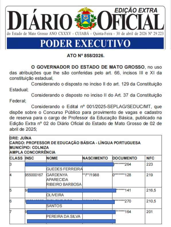 Trecho do Diário Oficial com a convocação de Gardenya Jatobá
