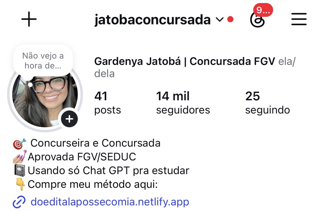 Perfil de Gardenya Jatobá, @jatobaconcursada, no Instagram